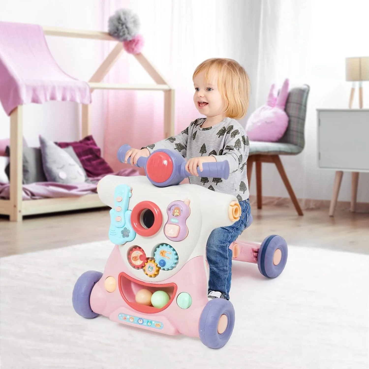 6in1 Multi-functional Baby Activity Musical Walker - Pink - Image 2